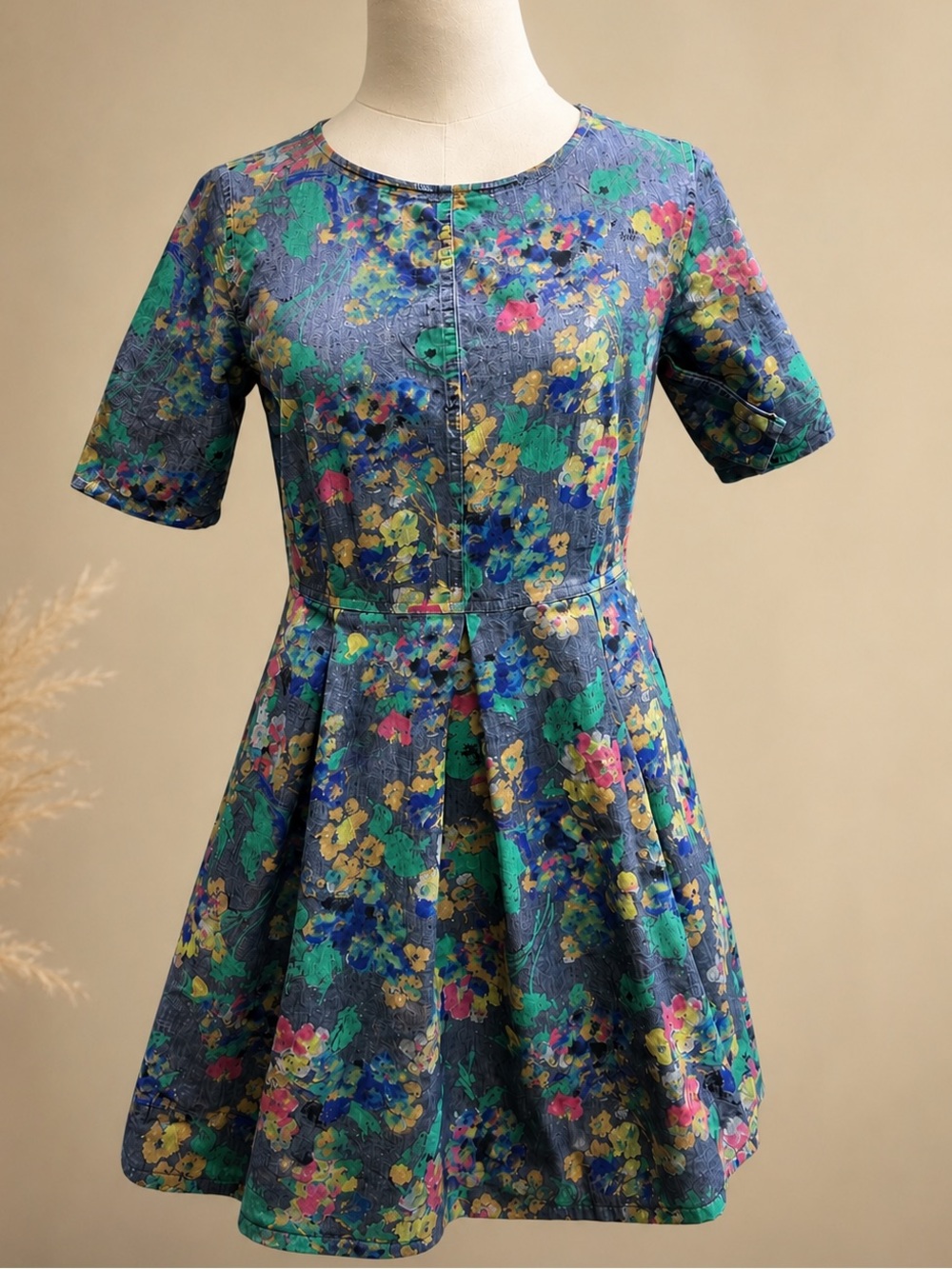 GAP Dark Blue Floral Midi Dress with Green, Yellow & Pink Accents
